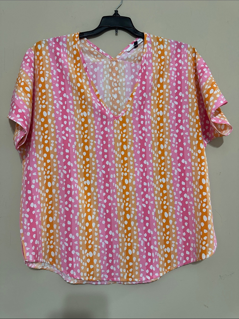 V-Neck Pink and Orange Dot-Print Blouse